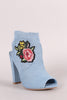 Delicious Denim Floral Patch Peep Toe Chunky Heeled Booties